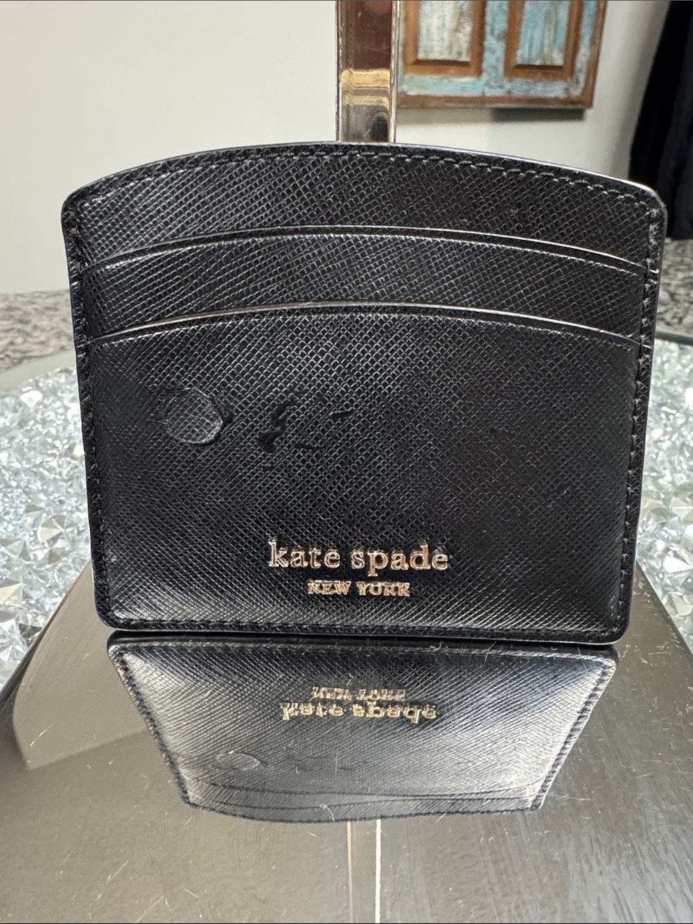 kate spade Black Saffiano Leather Card Case with Gold Logo
